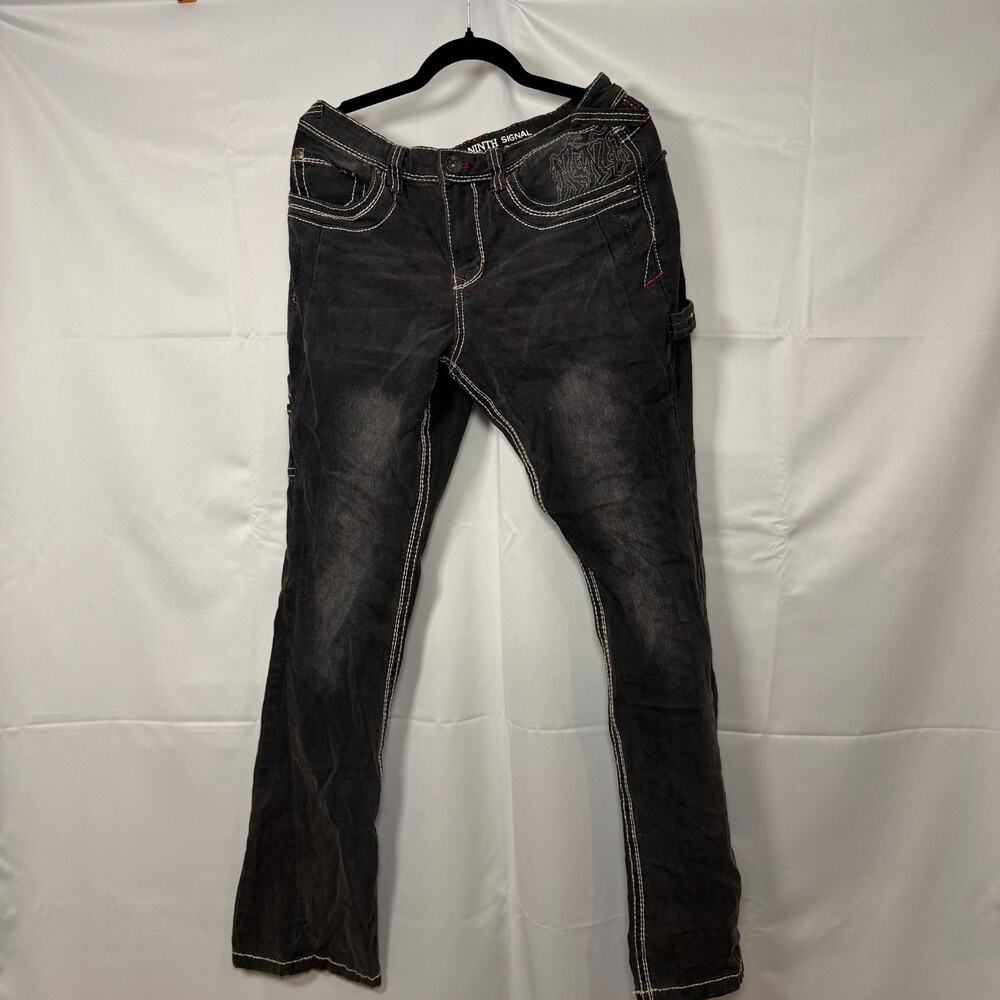 Ninth Hall Signal Men’s Jeans Sz 34 Black Heavy Stitch Embroidered Y2K Streetw